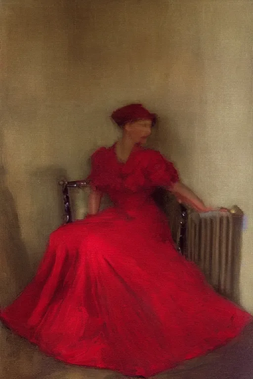 Image similar to a red dress laid across a chair in a dark victorian era room. in the style of american impressionism painting.