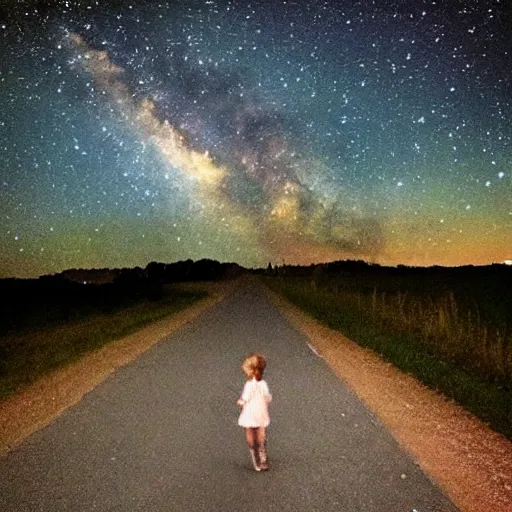 Prompt: “A child walking down a country road late at night, with the sky being the style of starry night”