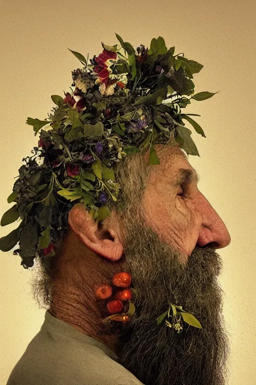 Prompt: an old man's face in profile, long beard, made of flowers and fruit, in the style of the Dutch masters and Gregory crewdson, dark and moody