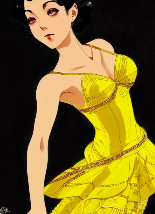 Image similar to a beautiful dancer in yellow with black hair in 1920's fashion, ballroom background, intricate, highly detailed, digital painting, artstation, official media, anime key visual, concept art, rich vivid colors, ambient lighting, sharp focus, illustration, art by Artgerm, Makoto Shinkai, Ilya Kuvshinov, Lois Van Baarle, and Rossdraws