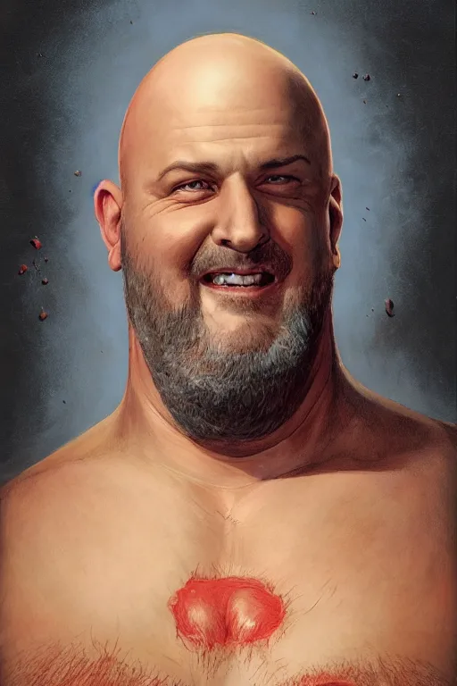 Image similar to chonky ethan van sciver with a bald head, grey trimmed beard, pointed nose, ethan van sciver, striking hyper real painting, comic book style portrait painting, greg rutkowski, wlop, charlie bowater