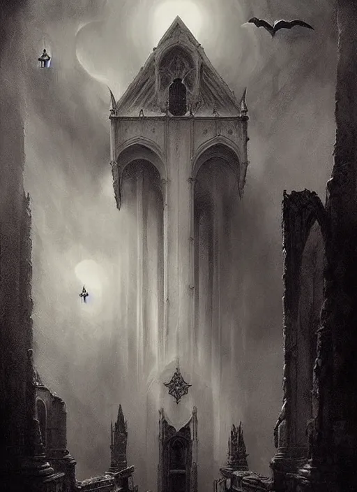 Image similar to By Tom Bagshaw, ultra realist soft painting of a gothic crypt by night, male vampire smile, horror, omnious sky, symmetry accurate features, very intricate details, black and white, volumetric light clouds