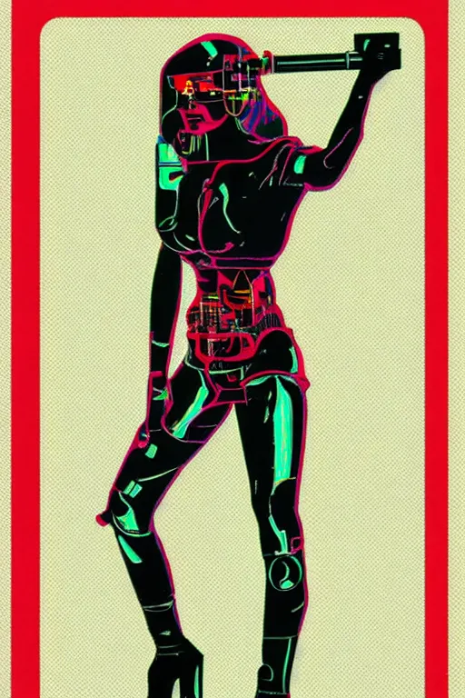 Image similar to a retro 70s cyborg woman, anaglyph, book cover,