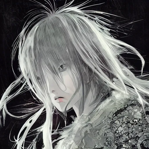 Image similar to Yoshitaka Amano blurred and dreamy illustration of an anime girl with black eyes, wavy white hair fluttering in the wind and cracks on her face wearing elden ring armor with engravings, background with abstract black and white patterns, noisy film grain effect, highly detailed, Renaissance oil painting, weird portrait angle, three quarter view