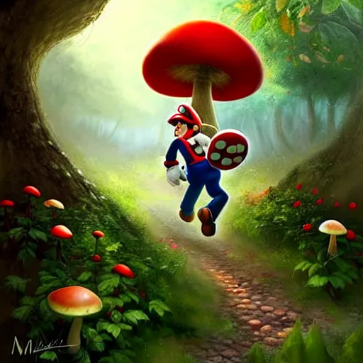 Prompt: portrait of Mario, running through a forest, in the Mushroom Kingdom, giant red and white spotted mushrooms, and roses, from behind, Castle in distance, birds in the sky, sunlight and rays of light shining through trees, beautiful, solarpunk!!!, highly detailed, digital painting by Michael Garmash and Peter Mohrbacher