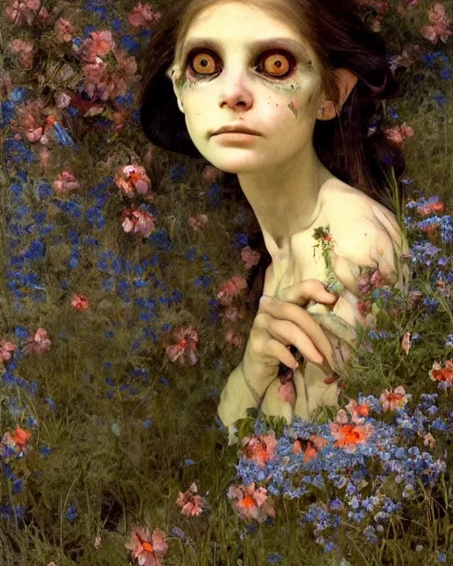 Prompt: a pretty but sinister and creepy goblin in layers of fear, with haunted eyes, violence in her eyes, 1 9 7 0 s, seventies, delicate embellishments, a little blood, woodland, blue dawn light shining on wildflowers, painterly, by walter popp, alexandre cabanel