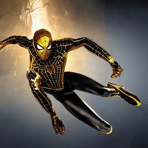 Image similar to gold spider - man suit with black web lining, cinematic, volumetric lighting, realistic, hyperdetailed, photorealistic, photograph