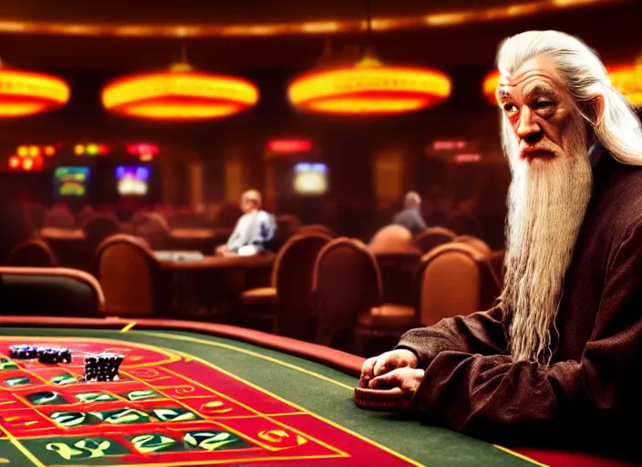 Prompt: film still of gandalf gambling in a casino in new star wars movie, 8 k