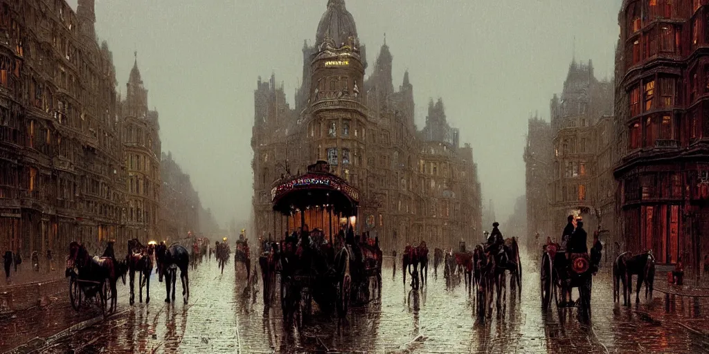 Prompt: Horse carriages on a Victorian city street on a rainy day in London, evening, low angle view, detailed matte painting, cinematic, John Atkinson Grimshaw, Artstation