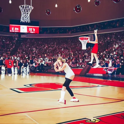 Image similar to woman shooting a basketball on court in a chicago bulls jersey