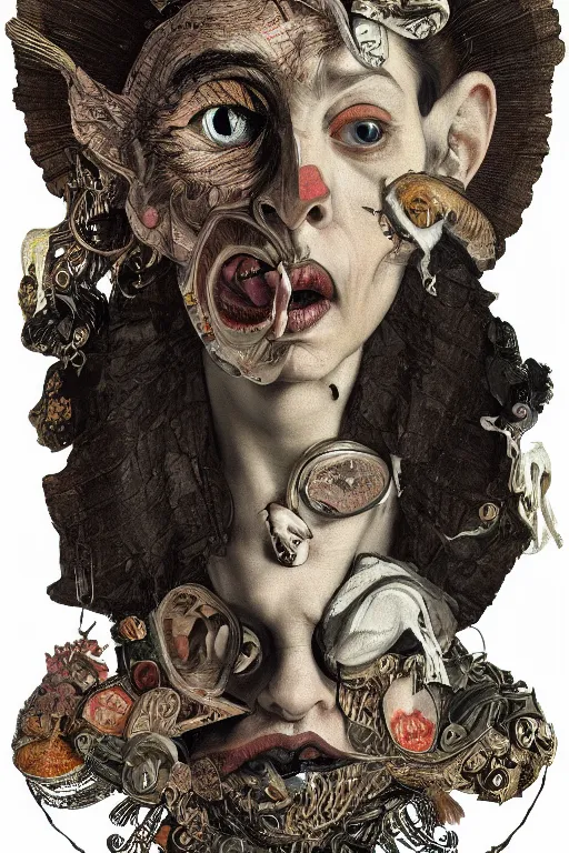 Image similar to Detailed maximalist portrait with large lips and with large eyes, angry, exasperated expression, HD mixed media, 3D collage, highly detailed and intricate illustration in the style of Caravaggio, dark art, baroque