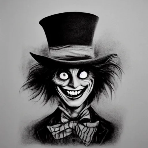 Prompt: horrifying charcoal drawing of the mad-hatter-willie-wonka-babadook