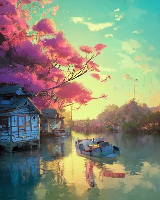 Image similar to a houseboat by a small fishing village on the river | cherry - blossoms | highly detailed | very intricate | serene romantic fantasy whimsical magical | professional cinematic lighting | dusk | studio ghibli | award - winning | matte painting by anton fadeev and paul lehr and rhads and alena aenami | pastel color palette | featured on artstation