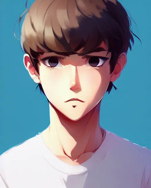 Prompt: teen boy with short hair, dark blonde, bangs, unibrow bushy eyebrows, mischievous grin, portrait shinkai makoto studio ghibli studio key hideaki anno sakimichan stanley artgerm lau rossdraws james jean marc simonetti elegant highly detailed digital painting artstation pixiv