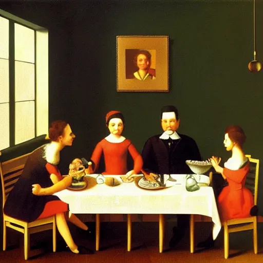 Image similar to A brillaint rendition of a family supper by Raphael, Hopper, and Rene Magritte. detailed, romantic, enchanting, trending on artstation.