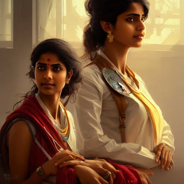 Prompt: Anxious pretty young Indian doctor waiting for her flight, portrait, sci-fi face, elegant, highly detailed, digital painting, artstation, concept art, smooth, sharp focus, illustration, art by artgerm and greg rutkowski and alphonse mucha