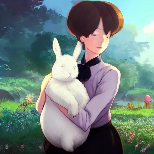 Prompt: a girl with short hair and black eyes riding a giant white rabbit. finely detailed face. digital art. in the style of miyazaki. 4 k. trending on artstation.