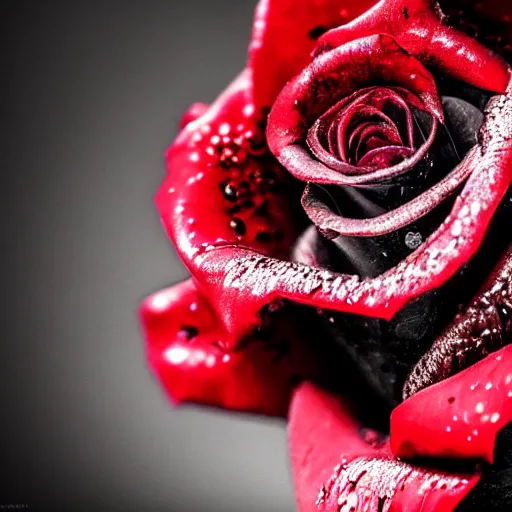 Prompt: a higly detailed close - up photograph of a black rose with blood dripping from it's petals, sigma 7 5 mm, high dof, studio lighting, dramatic light, masterpiece, artstation, 4 k, 8 k, zbrush