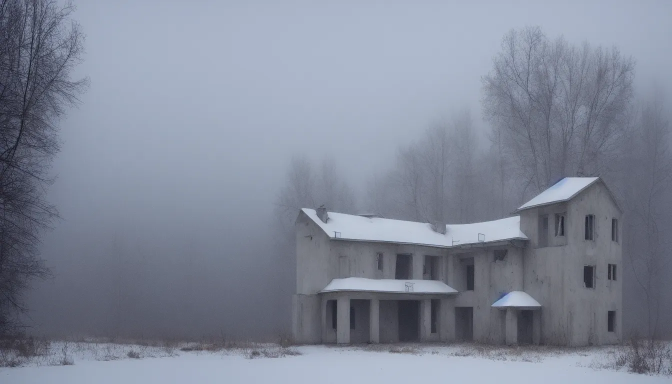 Prompt: russian style concrete house, abandoned, lifeless, winter, foggy blizzard, atmospheric, mystical, very detailed 4 k