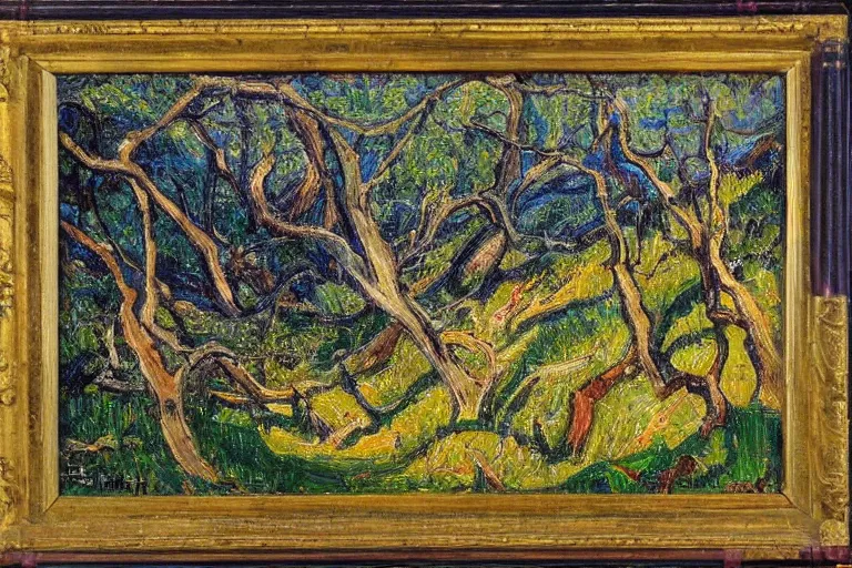 Prompt: masterpiece painting of oak trees on a hillside overlooking a creek, dramatic lighting, by j. e. h. macdonald