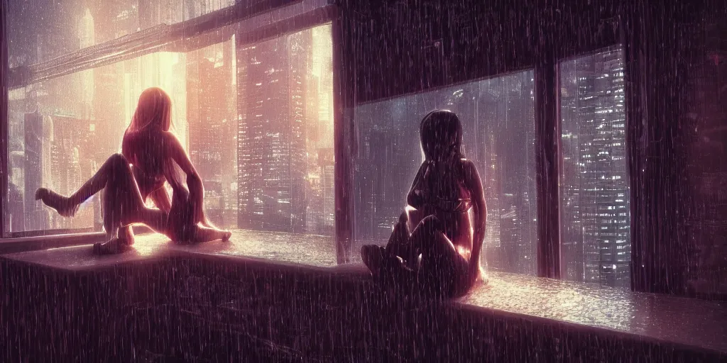 Prompt: sad girl sitting by the window, cyberpunk, accurate features, focus, very intricate ultrafine details, masterpiece, 8 k hd, realistic shaded lighting, detailed render, detailed backgrounds, epic composition, soft neon lights, rain