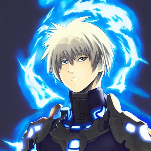 Prompt: portrait of the genos blue flame arms mode, anime fantasy illustration by tomoyuki yamasaki, kyoto studio, madhouse, ufotable, comixwave films, trending on artstation