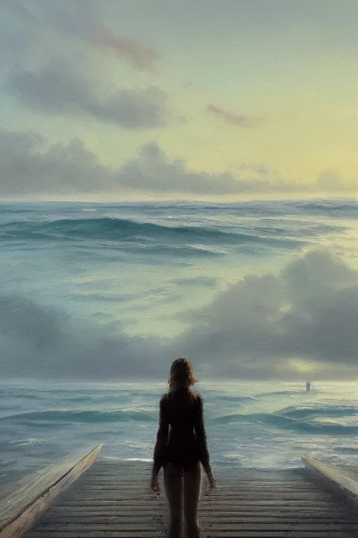 Prompt: painting of a woman standing at the end of a pier, she is visible from behind and from distance, the sea surrounding the pier is calm, soft evening light, volumetric lighting, style of greg rutkowski