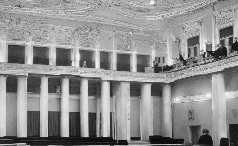 Image similar to 60s movie still of a CCCP congress with soviet flags and many soviet general stanilist style palace interior, by Irving Penn , cinestill 800t 35mm black and white, heavy grainy picture, very detailed, high quality, 4k, HD criterion, precise texture