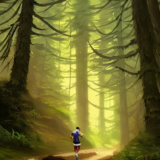 Image similar to a sporty guy runs alone through a forest with tall trees, acid-green sneakers, a photo from the back in perspective, art by Andreas Rocha,