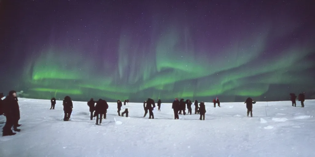 Prompt: filmic wide shot dutch angle movie still 35mm film color photograph of a crowd of people wearing snow clothing running terrified outside in antarctica, blood flying in the air, aurora borealis in the sky, in the style of a 1982 horror film