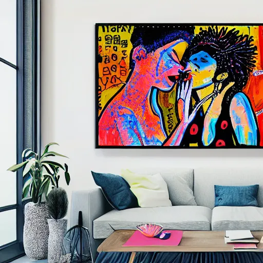 Prompt: acrylic painting of two bizarre psychedelic women kissing in japan in summer, speculative evolution, mixed media collage by basquiat and jackson pollock, maximalist magazine collage art, sapphic art, psychedelic illustration