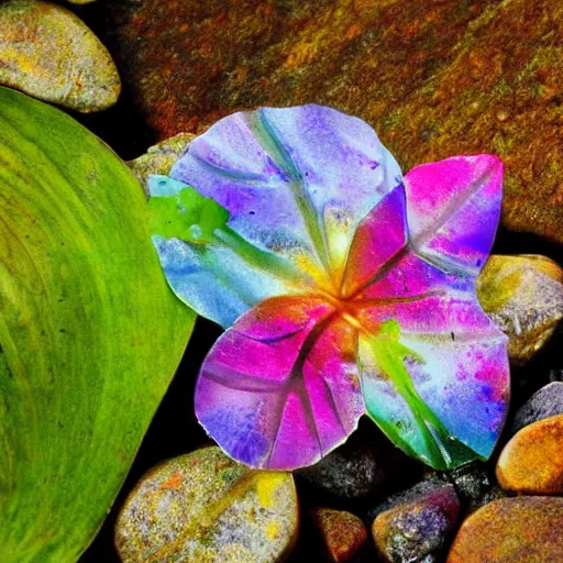 Image similar to tropical leaves, and flowery rocks closeup by rippling clear blue water, bright colorful, zen, minimalist, sunny environment, highly detailed, realistic, up close shot shinji aramaki, karol bak, alphonse mucha