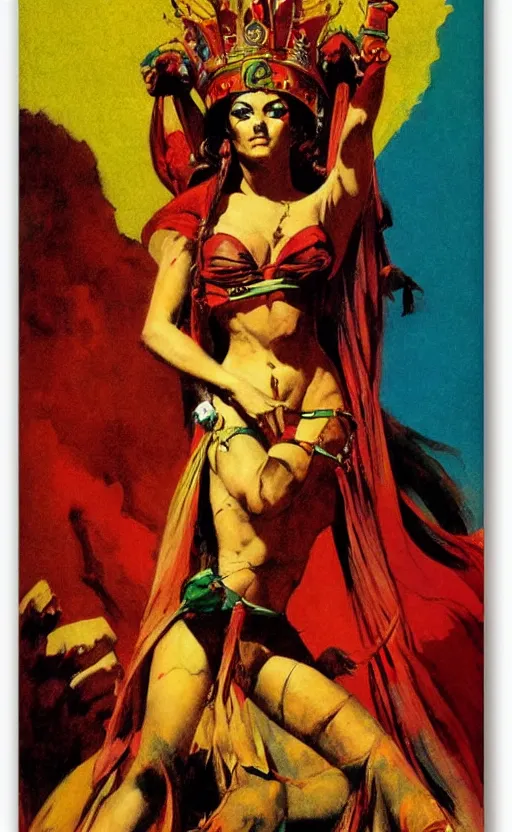 Prompt: queen of babylon, by frank frazetta, parapet, vibrant colors, red green yellow, minimalist