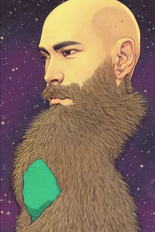 Image similar to a colorful closeup portrait of a young bald man with a very long wild beard dreaming psychedelic hallucinations in the vast icy landscape of antarctica, by kawase hasui, moebius and edward hopper, colorful flat surreal design, hd, 8 k, artstation