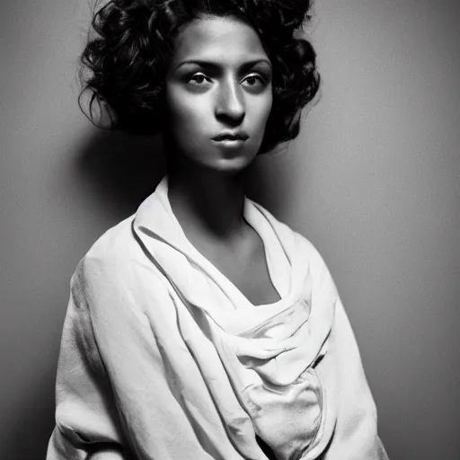 Image similar to a portrait of abeautiful female with dark curls, mixed-race, soft cinematic one-point lighting, Canon, by Yousuf Karsh, 4k