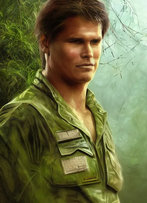 Prompt: portrait of a young richard dean anderson wearing a green combat uniform, in a post appocalyptic city overgrown by plants, by wlop, by luis royo, cover illustration, concept art, volumetric lighting, volumetric atmosphere, sharp focus, octane render, trending on artstation, 8 k