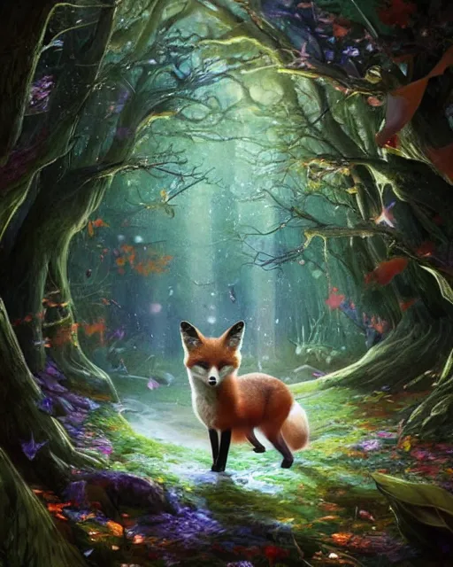 Image similar to Fox playing violin in magical forest, portrait, wearing hat, magical notes, fairy atmosphere, magic the gathering artwork, D&D, fantasy, cinematic lighting, centered, symmetrical, highly detailed, digital painting, artstation, concept art, smooth, sharp focus, illustration, volumetric lighting, epic Composition, 8k, art by Akihiko Yoshida and Greg Rutkowski and Craig Mullins, oil painting, cgsociety