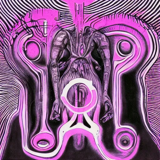 Prompt: post - punk new age album cover, psychedelic, black white pink, magic, giger h. r.