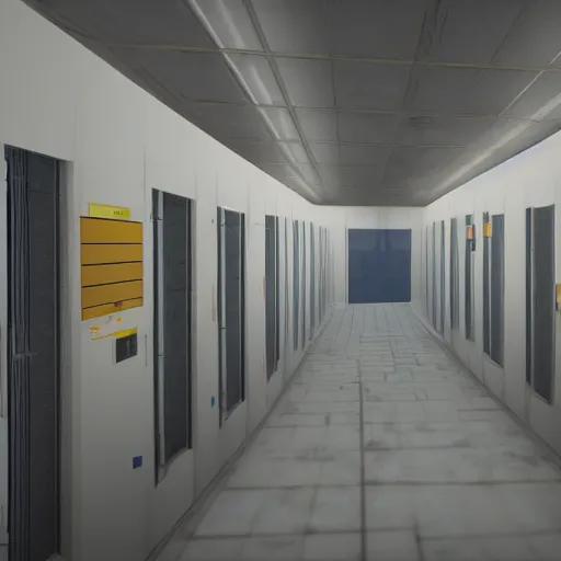 Image similar to holding cells in underground lab, sterile, clean, cinematic, liminal space, unreal engine, cctv footage, in-game screenshot