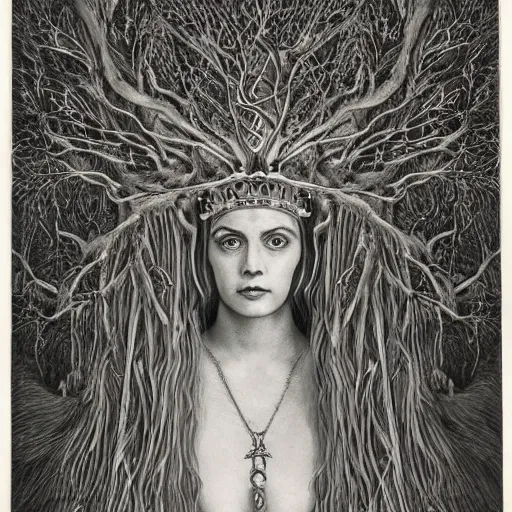 Prompt: priestess wearing a crown of twisting branches by Laurie Lipton
