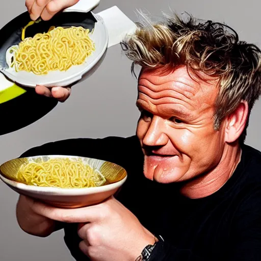 Prompt: gordon ramsey eating microwaved noodles with a smile, highly detailed