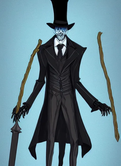 Image similar to DND character concept, Tall skeletal figure, wearing a deep black suit!!! and tie and top hat, holding a golden cane. Surrounded by light blue!!! flames!!