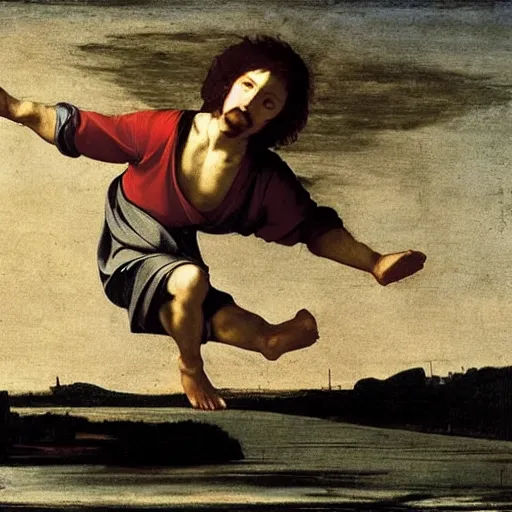 Image similar to Jesus Christ riding a hoverboard across water ,Caravaggio