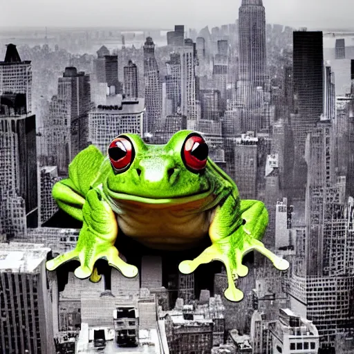 Prompt: giant frog attacking new york city