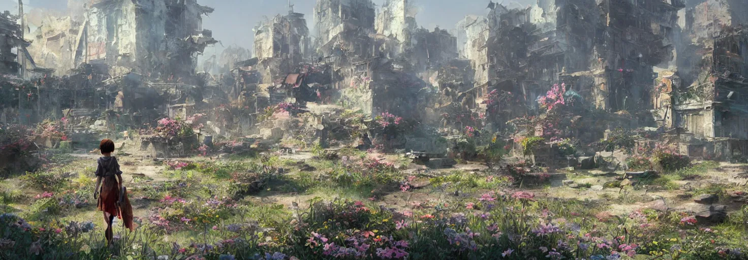 Image similar to a flower grows against the background of a ruined city, painting by Craig Mullins, octane rendering, soft morning lighting, wide angle lens, in the style of Hayao Miyazaki, trending on artstation,