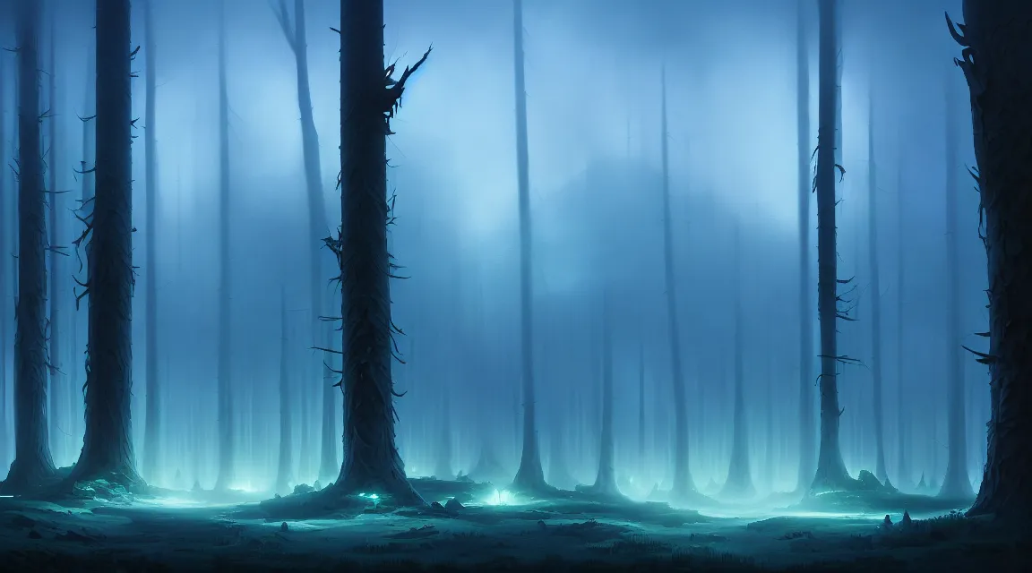 Prompt: matte painting will o the wisp clearing in forest at night. forest is lit by eerie blue glow. ghost. digital painting. digital render. beeple. noah bradley. cyril roland. dan mumford. naomi okubo. trending on artstation.