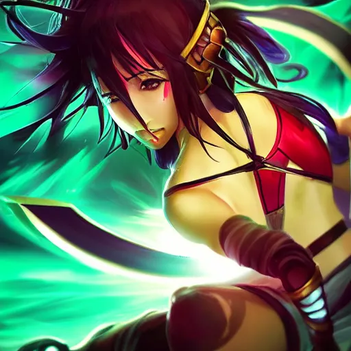 Prompt: Akali from league of legends anime, digital art, beautiful composition, amazing colours, atmospheric, lens flares, sun rays, award winning