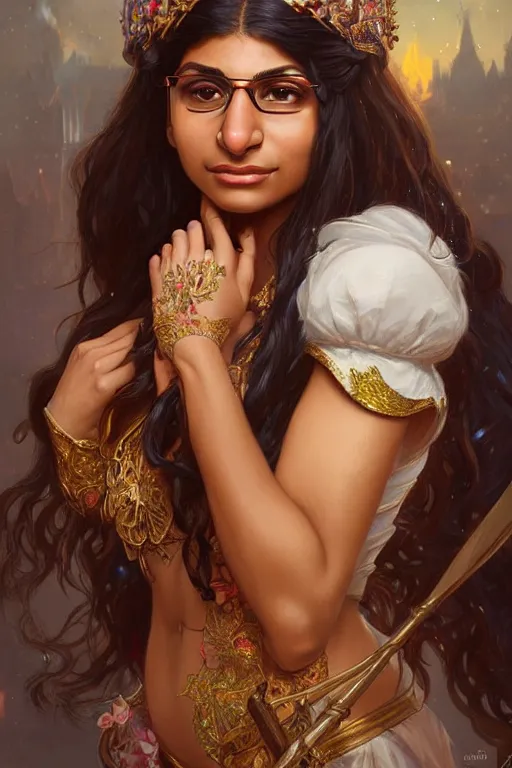 Image similar to mia khalifa as a princess, fantasy, intricate, elegant, highly detailed, digital painting, artstation, concept art, matte, sharp focus, illustration, art by artgerm and greg rutkowski and alphonse mucha