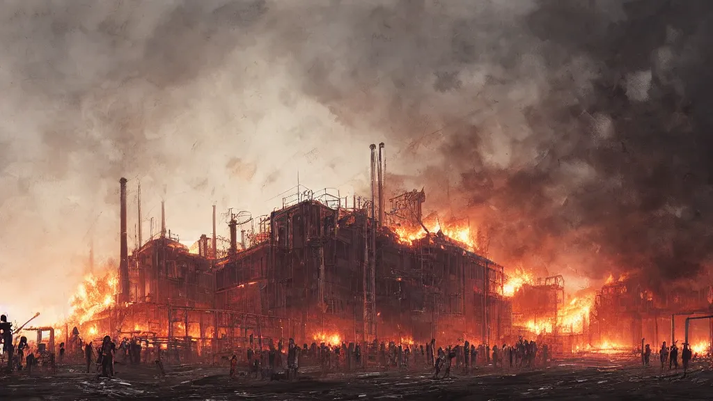 Image similar to view of industrial factory on fire with group of people, papyrus, watercolored, jakub rozalski, dark colours, dieselpunk, artstation