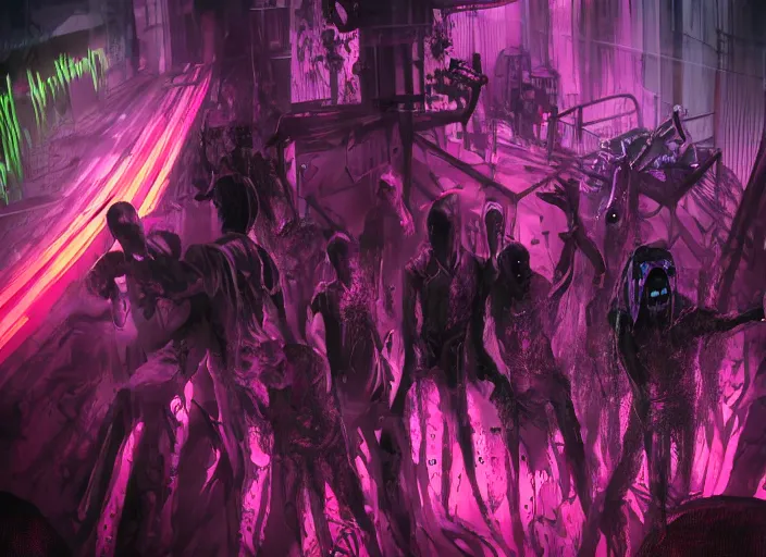 Image similar to neo-futuristic cinematic cyberpunk undead gay zombie men at a neon rave, cyberhorror-punk, stunning, horror art, dark tones, film still, cgsociety, scary, creepy, wow, artstation, 8k, high gloss, Horror, ultra detailed, character art, concept art, DnD art, cinematic detailed, nightmare machine, godmachine, trending on artstation, unreal engine 5 rendering, cinematic, greig fraser cinematography, epic composition